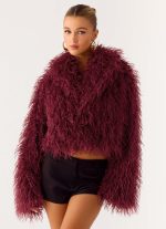 Virginia Cropped Faux Fur Jacket - Maroon - 图片 9