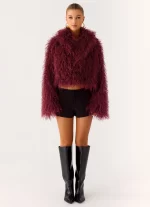Virginia Cropped Faux Fur Jacket - Maroon - 图片 6