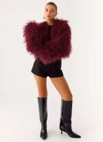 Virginia Cropped Faux Fur Jacket - Maroon - 图片 10